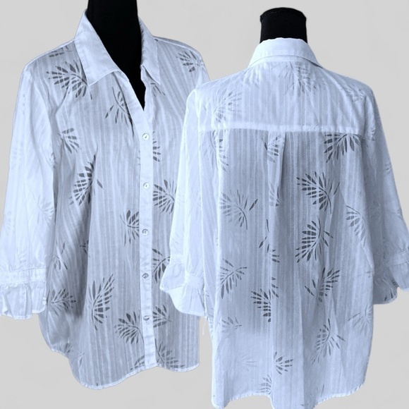 ALLISON DALEY Vintage Sheer Palm Leaves White Button Down Shirt XL Balletcore - Picture 1 of 13